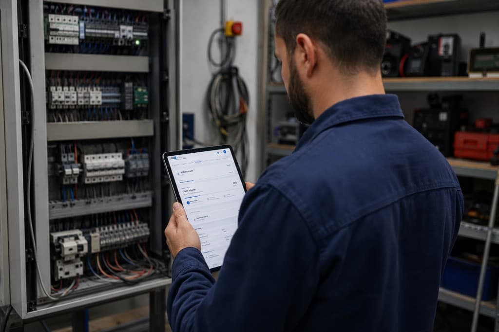 Prüfer erfasst einen digitalen Prüfbericht am Tablet vor Ort