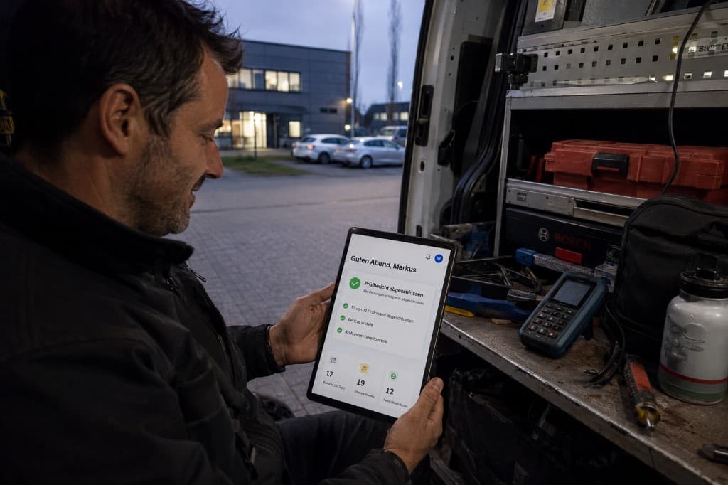 Prüfer schließt den letzten Auftrag auf dem Tablet am Servicefahrzeug ab