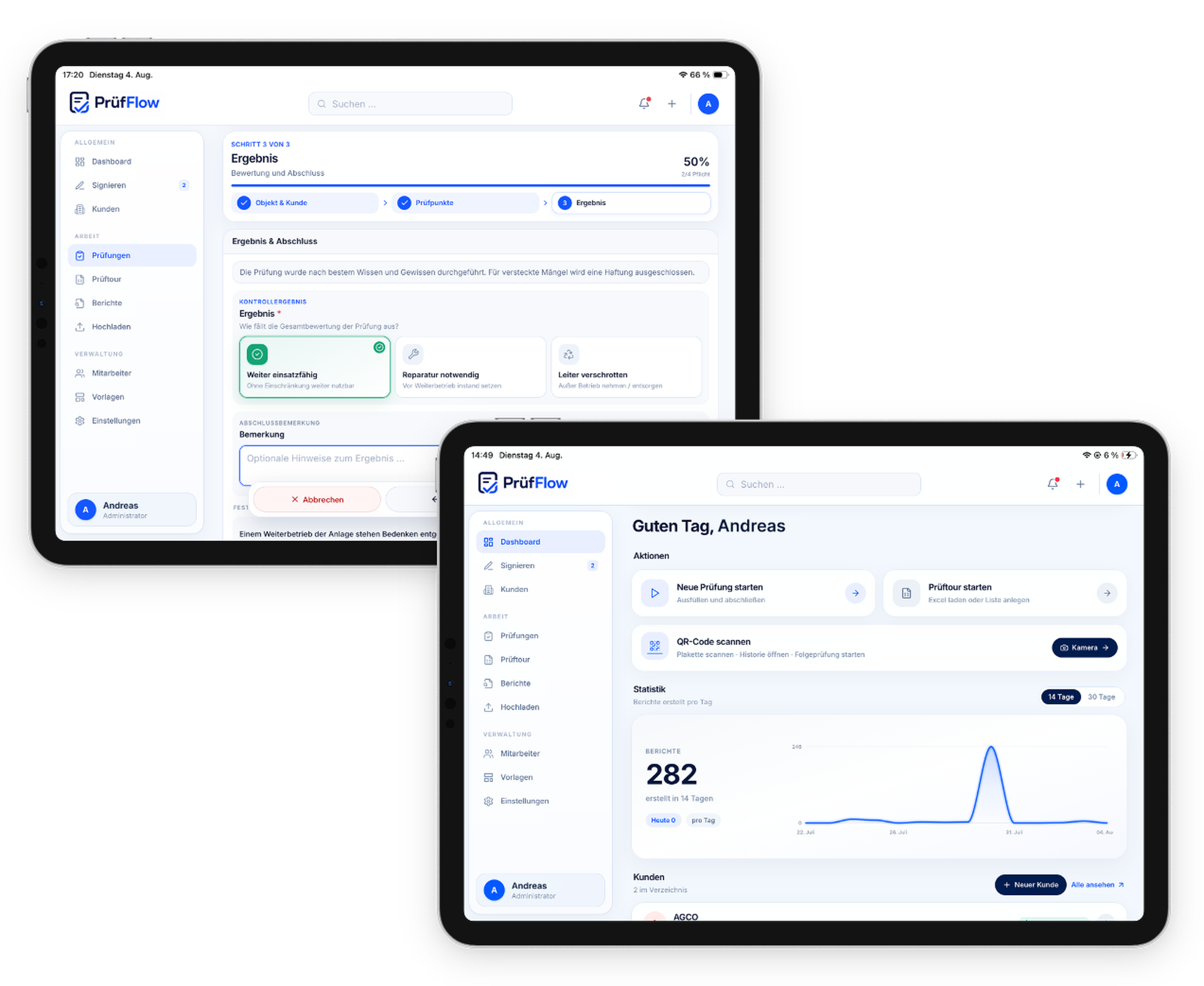 PrüfFlow Dashboard und Prüfergebnis auf dem Tablet